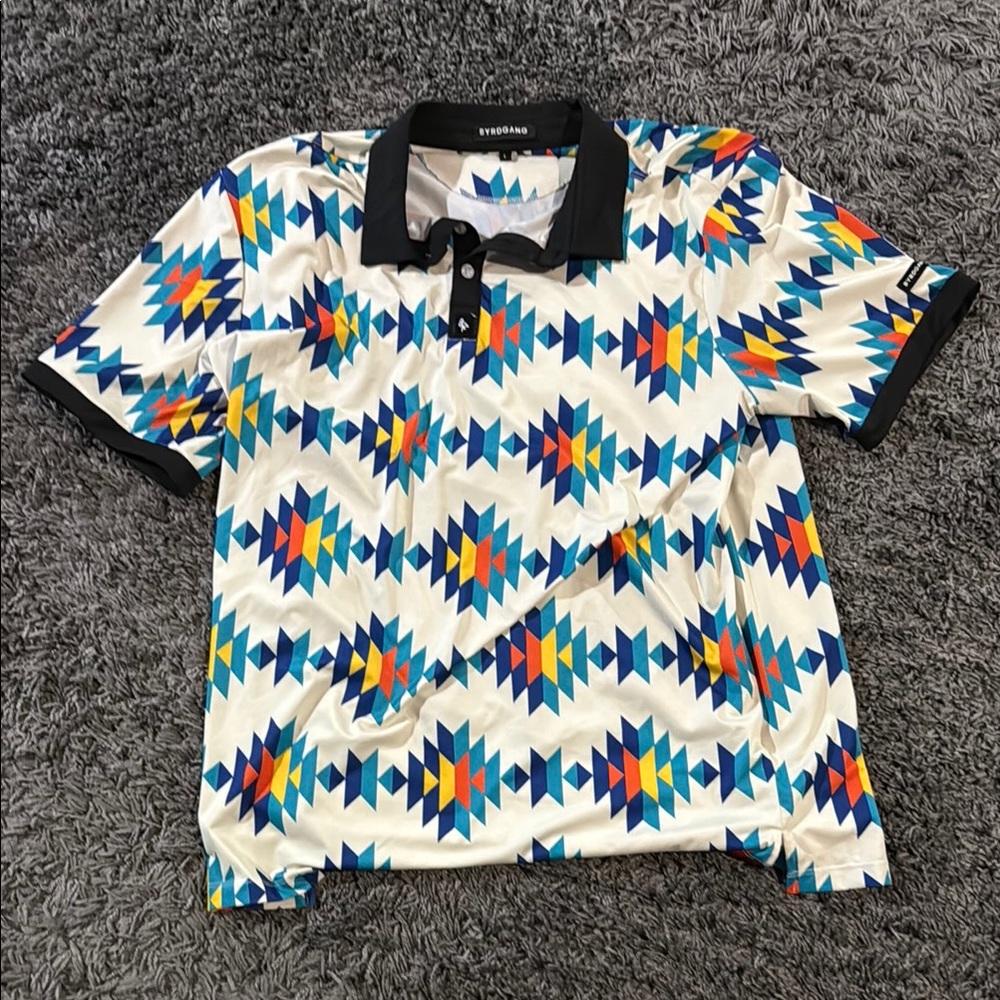 White and Blue Polo with Geometric Pattern